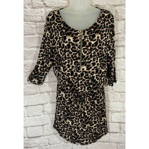 Lascana Animal Print Blouson Dress 10 Gold Zip Front Pockets Drawstring Waist